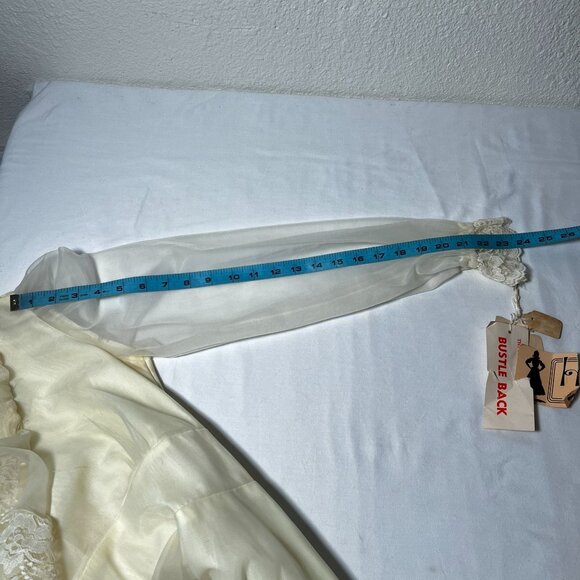 Vintage 70s Chiffon Maxi Wedding Dress Union Made Prom Ivory Lace Hi Neck Small - Picture 5 of 16
